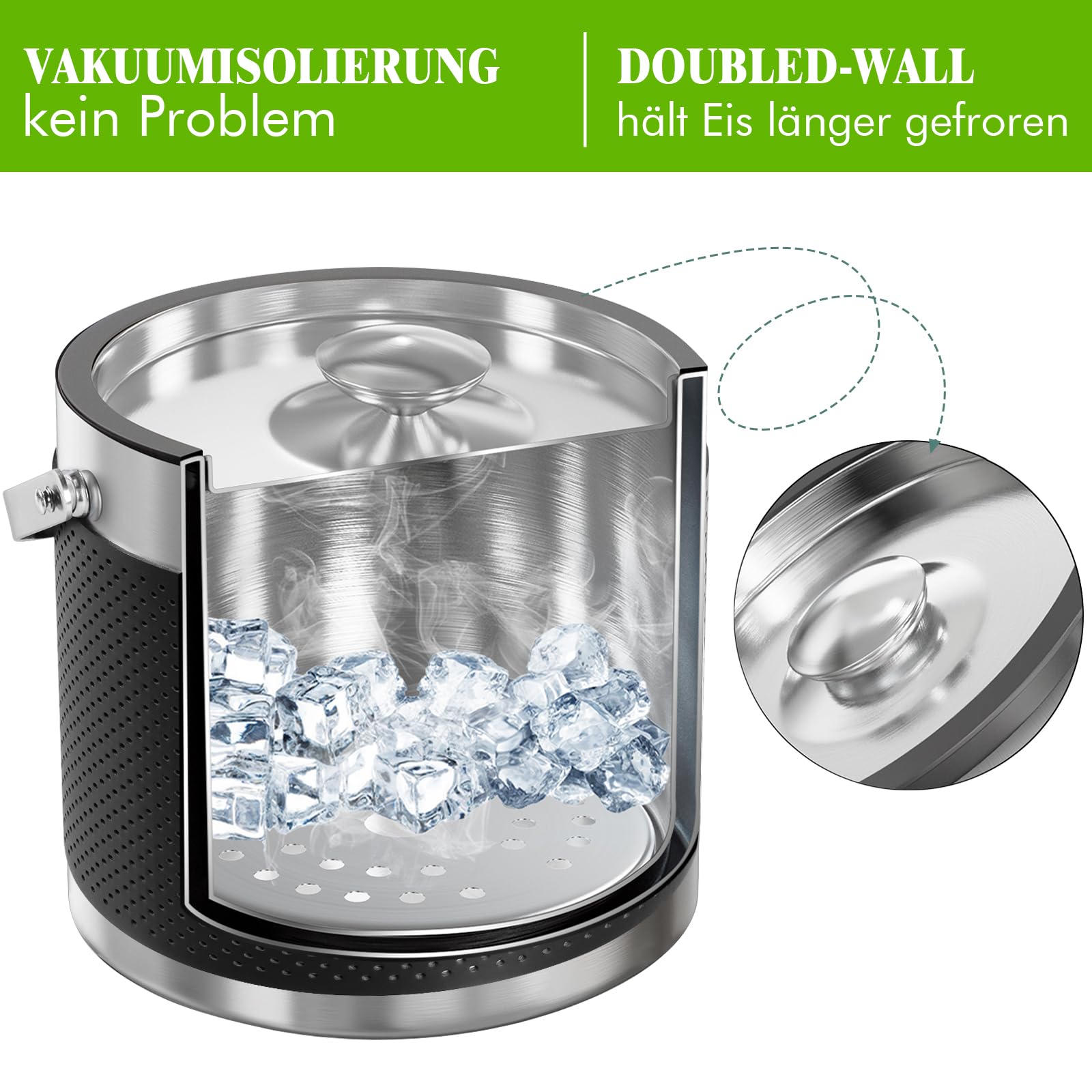 3.2L Eiswürfelbehälter mit Deckel und Schaufel, Upgrade Lederdesign Edelstahl Eiskübel, Doppelwandiger Isolierter Eisbehälter für Cocktailbar und Party (Schwarz)