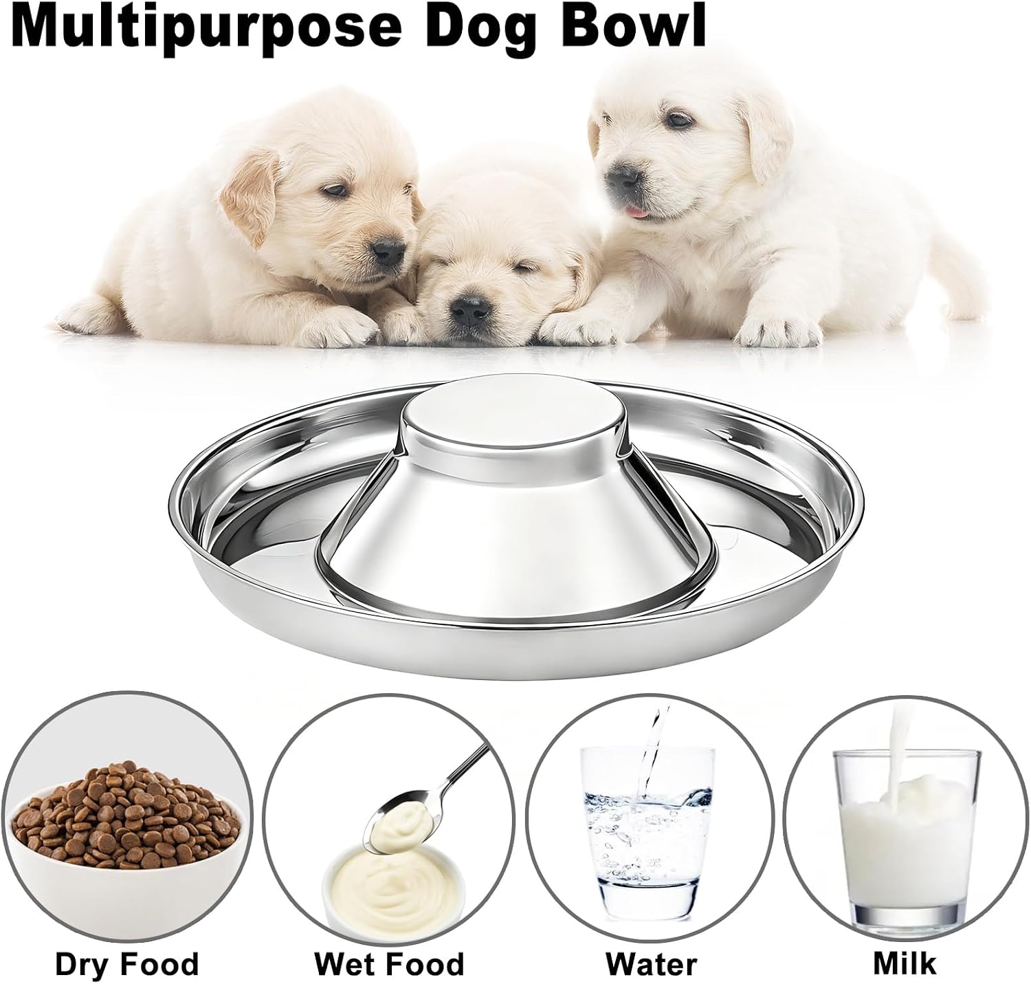 Stainless Steel Multi-Pet Feeding Bowl for Small Medium Large Dogs & Cats | 3 Size Anti-Fighting Raised Center Design, Rust Proof, Easy Clean, Basic Food & Water Feeder for Multiple Puppies (Large)