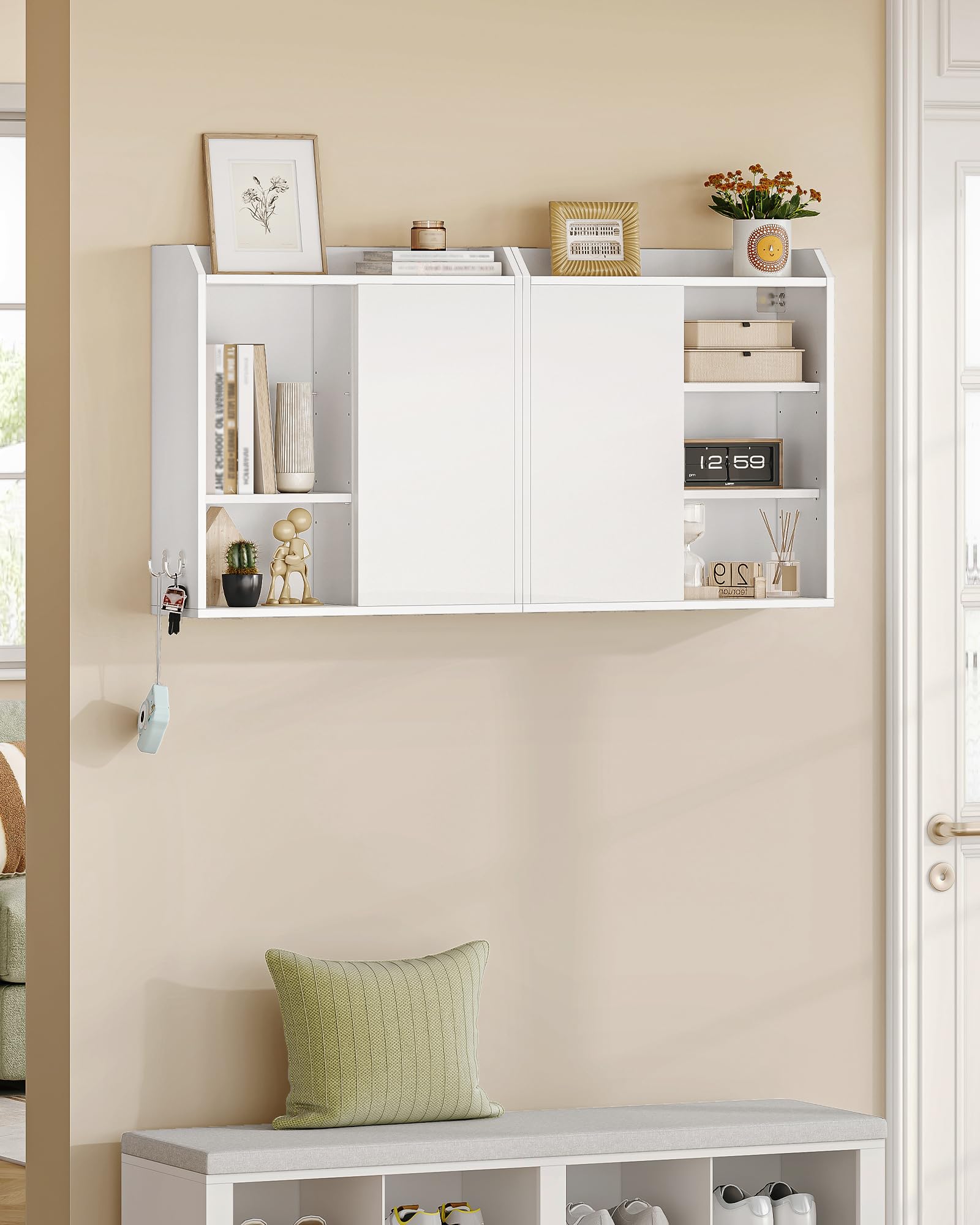 Hzuaneri Mobiletto Bagno Sospeso, Mobile Bagno Sospeso con Ripiani Regolabili, Dotato di Ante Scorrevoli e Scomparti Aperti, Adatto per Bagno, Cucina e Lavanderi, 20 x 60 x 60 cm, Bianco BC30203X