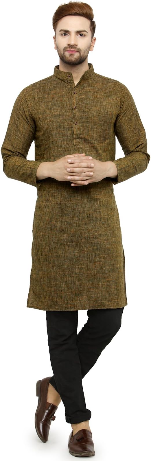 Enchanted Drapes Mens' Solid Cotton Long Kurta_Mehandi
