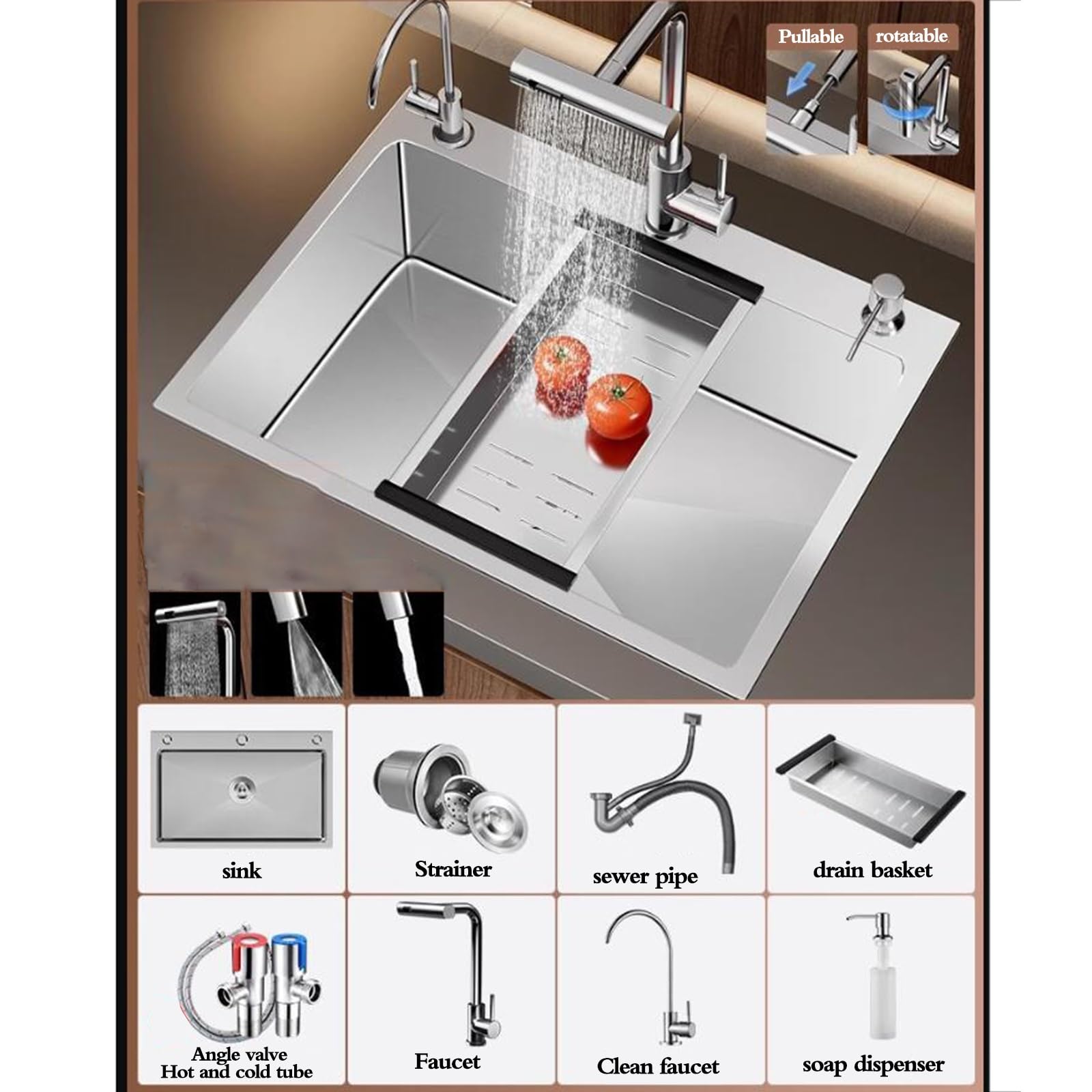 Sifón de Cascada de Acero Inoxidable Plateado de Varios tamaños y un Solo tazón Grifo multifunción para Cocina, lavaplatos, Piscina YADZISWs (Color: Plateado, 78 x 43 x