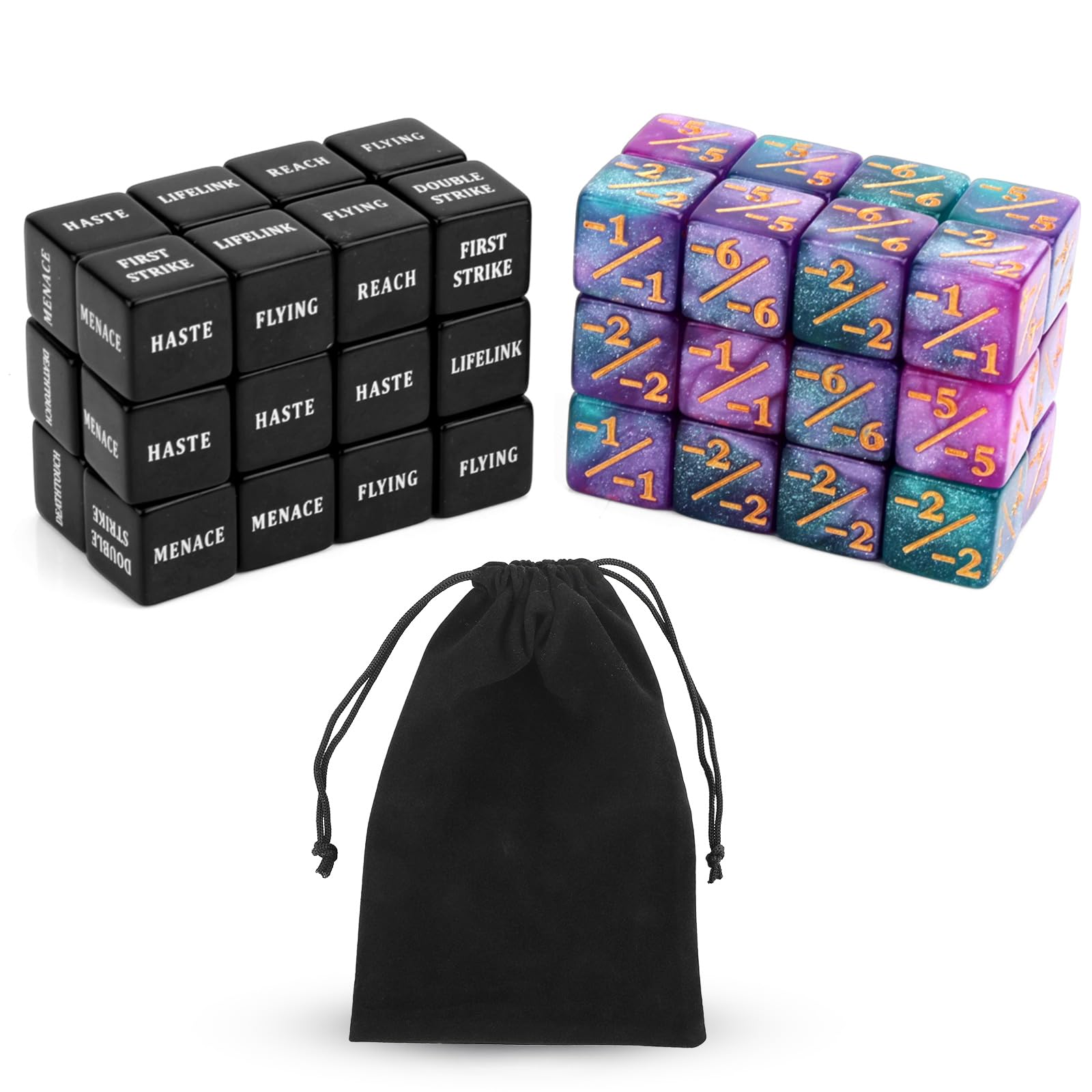 BOXOB 48pcs Abilities Keywords Counter Dice, Acrylic Creature Stats Buff Loyalty Dice Tokens Set Magic Life Counters for MTG TCG Card Gaming Accessories with Velvet Bag, Gathering Party Table Games
