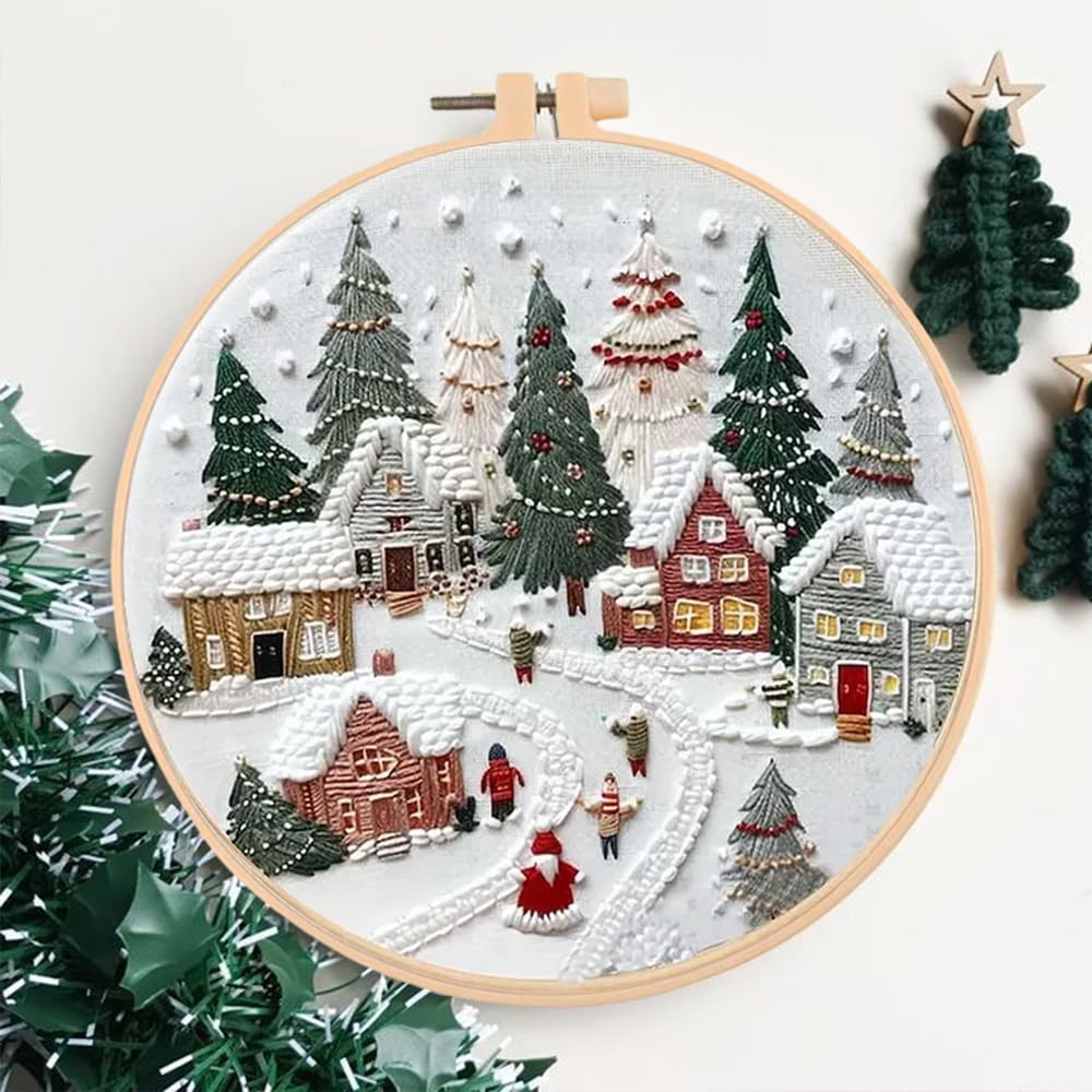 Kit De Démarrage Broderie Noël Pour Adultes Débutants - 4 Pièces 29x29cm Avec Fils Et Cadre