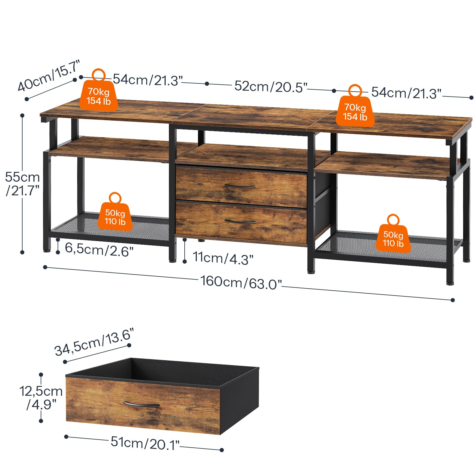 HOOBRO Mueble de TV, Soporte de Televisores de hasta 75 Pulgadas, Mueble Multimedia con Almacenamiento, Consola para TV con Estantes y 2 Cajones, para Salon, Marrón Rústico y Negro EBF55DS01