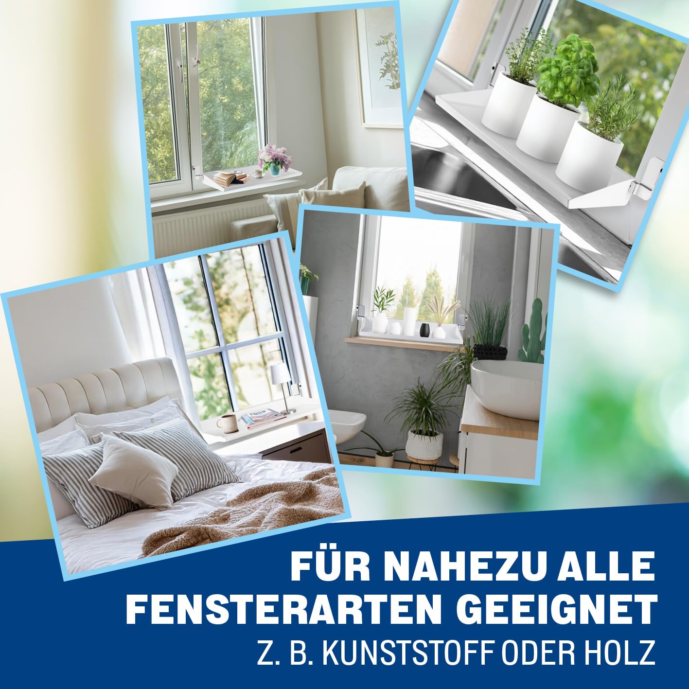 Flexible Fensterbank für fast alle Fenster | Lüften ohne Abräumen, ohne Bohren & Kleben, einfach einklemmen | Teleskop 55–86 cm für Fensterbreite 65–107 cm, bis 5 kg