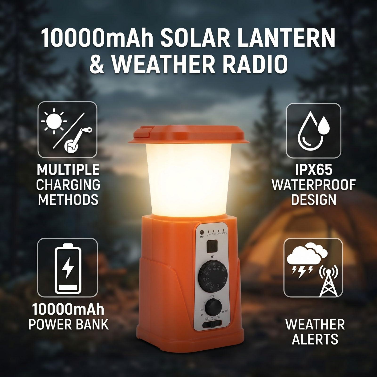 Jectse Lanterna da Campeggio Solare, Power Bank da 10000 MAh a Manovella USB Ricaricabile, con Radio Meteorologica e 3 modalità di Illuminazione, per Campeggio Escursionistico di