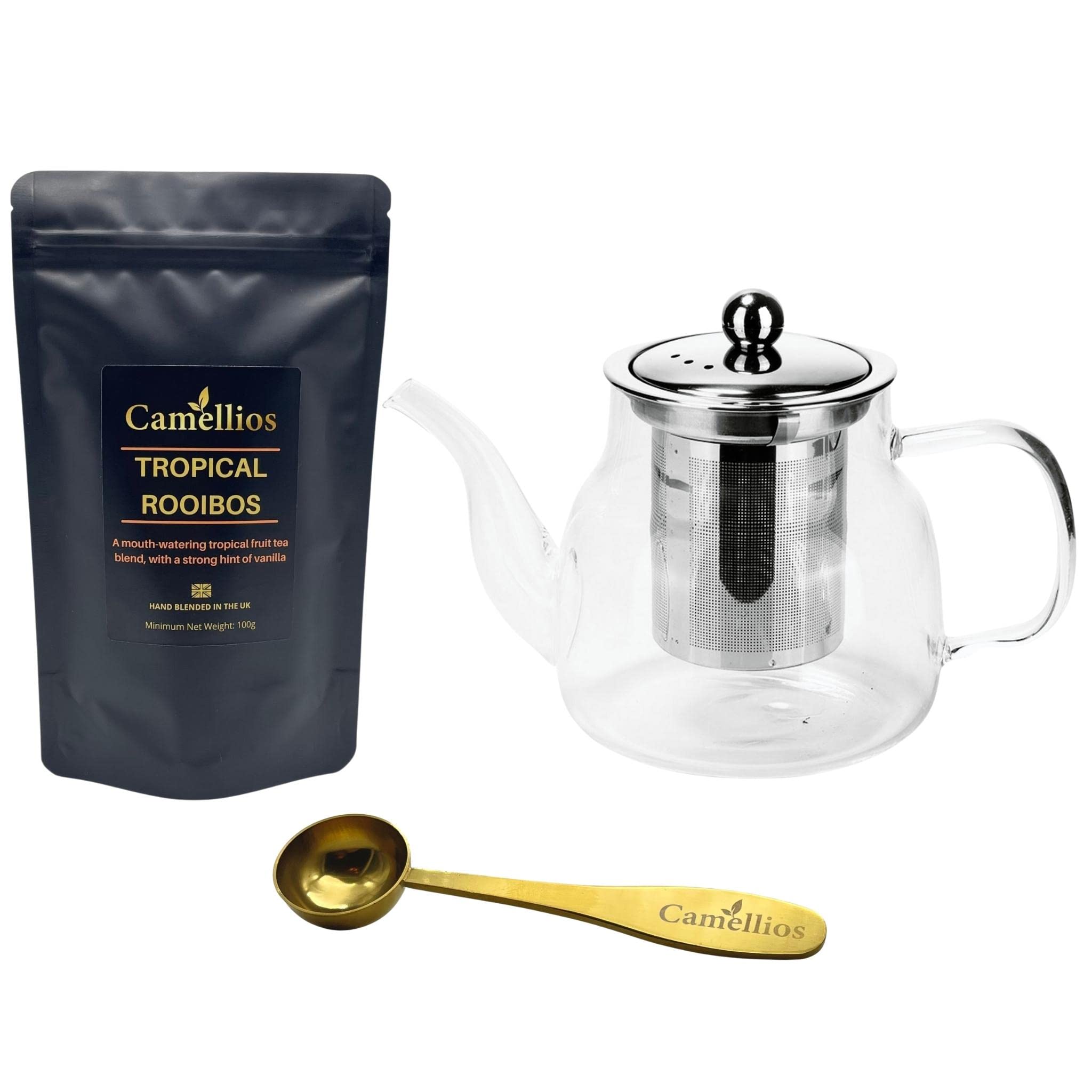 Loose Leaf Tea Set, Gift Set with Heat Resistant Teapot, Tea Measuring Spoon, 100g Loose Leaf Tea, Camellios (Tropical Rooibos)