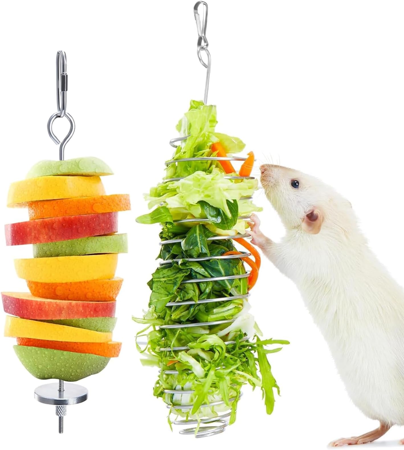 2Pcs Rat Enrichment Toys, 304 Stainless Steel Rat Foraging Toy for Fruit Vegetable Holder, Fancy Mice Cage Accessories Puzzle Toy, Hanging Rodent Toys Slow Feeder, Bird Foraging for Parakeet