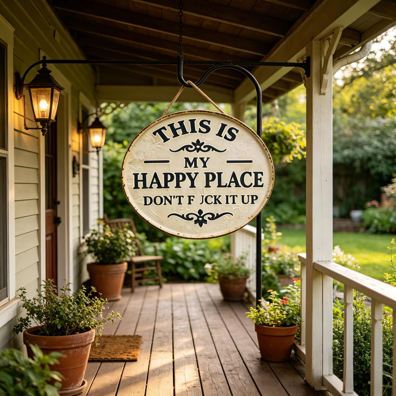 This is My Happy Place Sign,“This is My Happy Place Don’t FXXK It Up” Round Garden Wall Decor,Funny Garden Metal Sign,Outdoor Terrace Hanging Sign,for Front Door (Large(16 inch)) — view 4