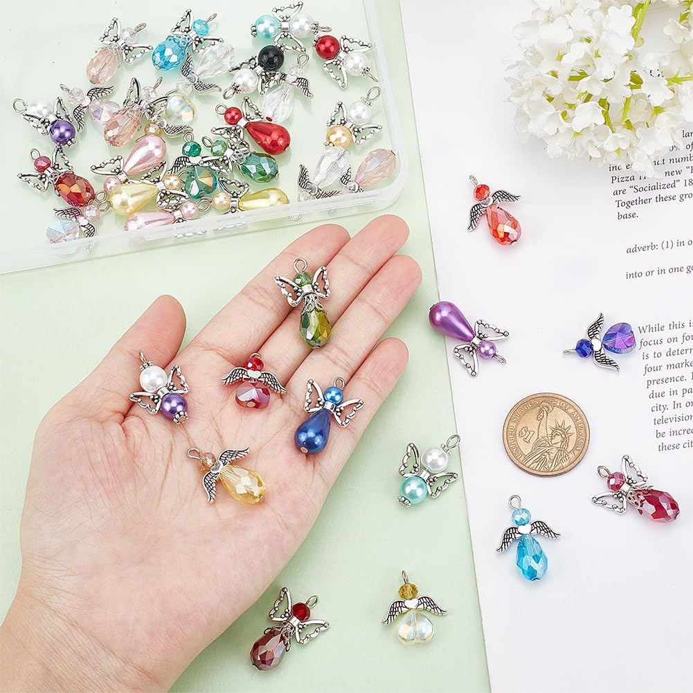 CHGCRAFT 60pcs 5 Style Angel Wing Charm Crystal Dangle Charms Pendants Pearl Beads Glass Drop Beads with Silver Alloy Bead Cap for Necklace Bracelet Earring Keychain DIY Craft Jewelry Making - Image 3