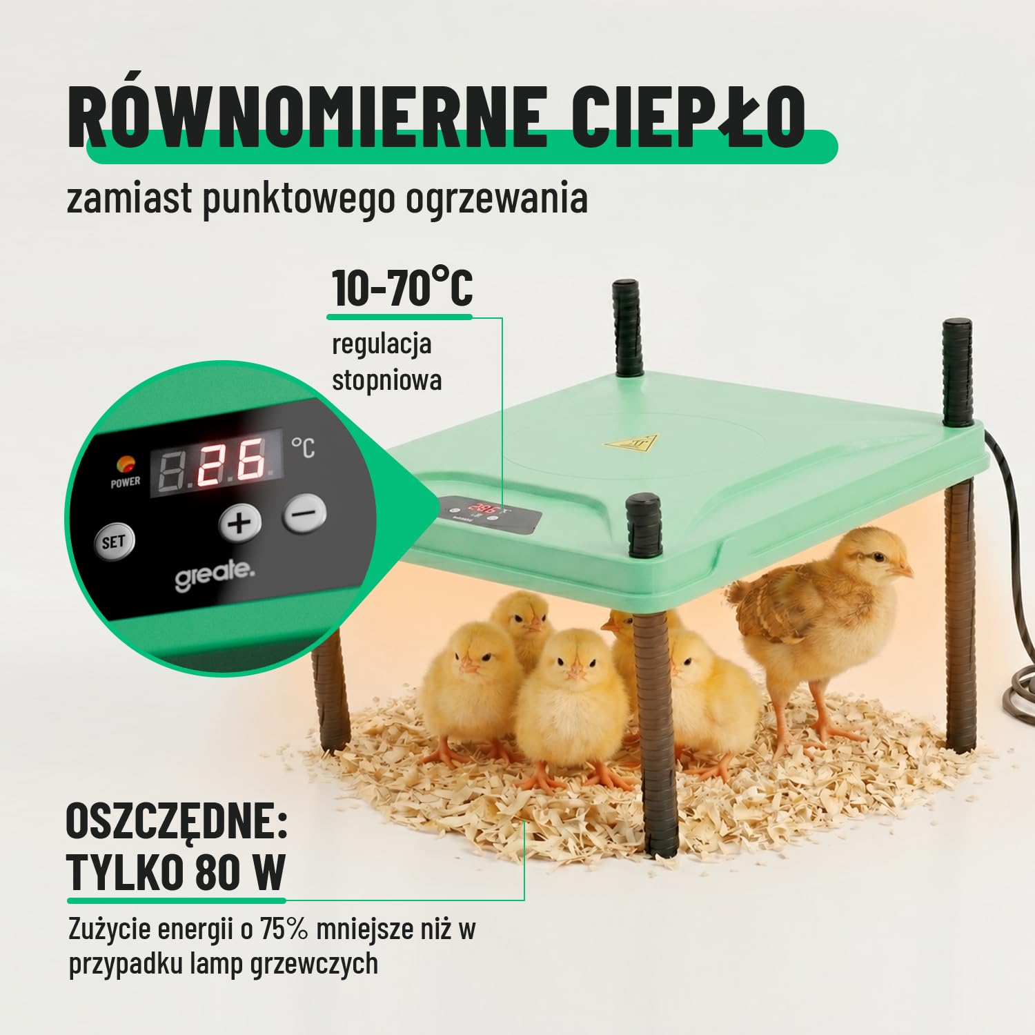 greate Płyta grzewcza 80 W dla piskląt 30 x 30 cm – płyta grzewcza do hodowli piskląt z regulacją wysokości i regulacja w zakresie 10-70 °C z wyświetlaczem LED – płyta grzewcza dla kurcząt – płyta