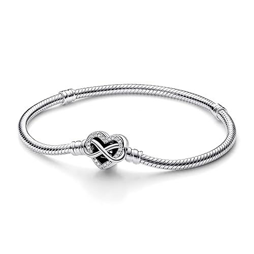 PANDORA Bracciale Moments in maglia snake in argento Sterling con chiusura a forma di cuore con simbolo dell'infinito con zirconi cubici trasparenti, 21