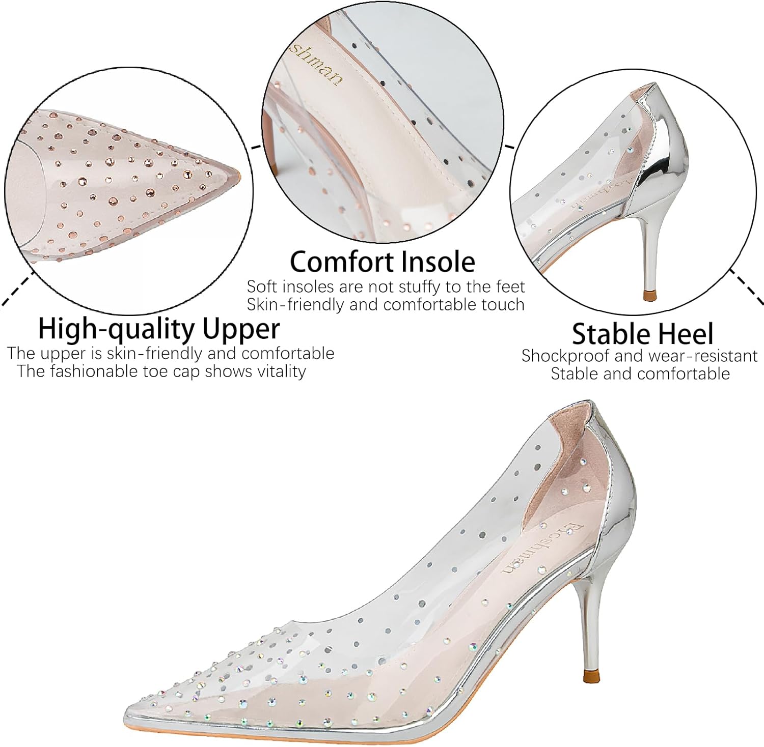 Women's Rhinestones Clear Leather Stiletto Pumps Fashion Comfort Closed Pointed Toe Slip On High Heels Sandals for Party Prom Date Dress Shoes - Image 4