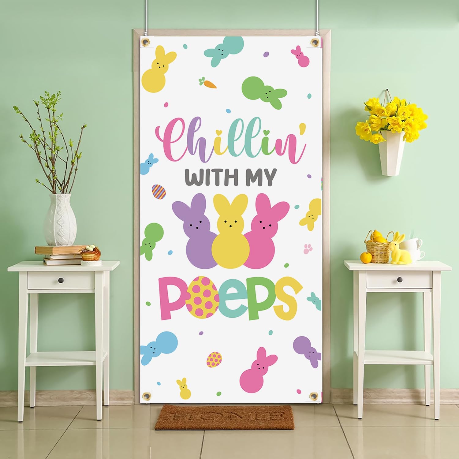 Easter Door Cover, Happy Easter Bunny Door Decorations Chillin With My Bunny Egg Hanger Easter Front Door Banner Welcome Door Porch Sign Party Supplies