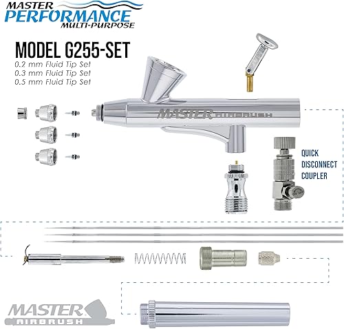Miniatura 3 de Master Performance G255 Pro Set Master Airbrush con 3 juegos de boquillas (agujas de 0.2, 0.3 y 0.020 in, puntas de líquido y tapas de aire) -