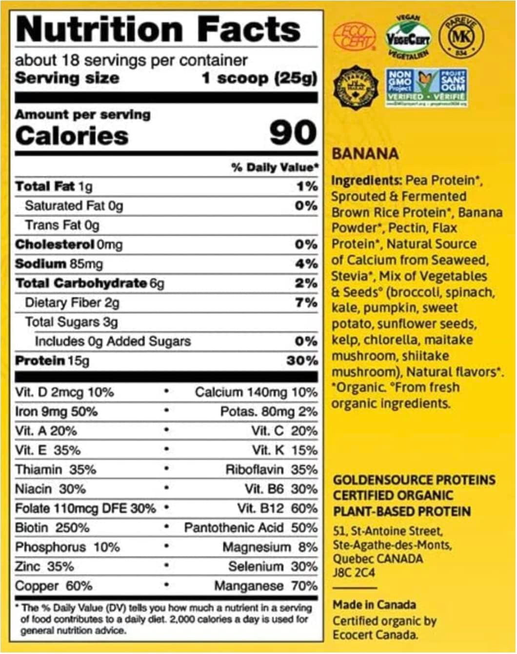 Organic Plant Based Protein Powder from GoldenSource Proteins, Banana, Vegan protein powder, Organic Pea protein and Brown Rice, Dairy free, Soy & Nuts free