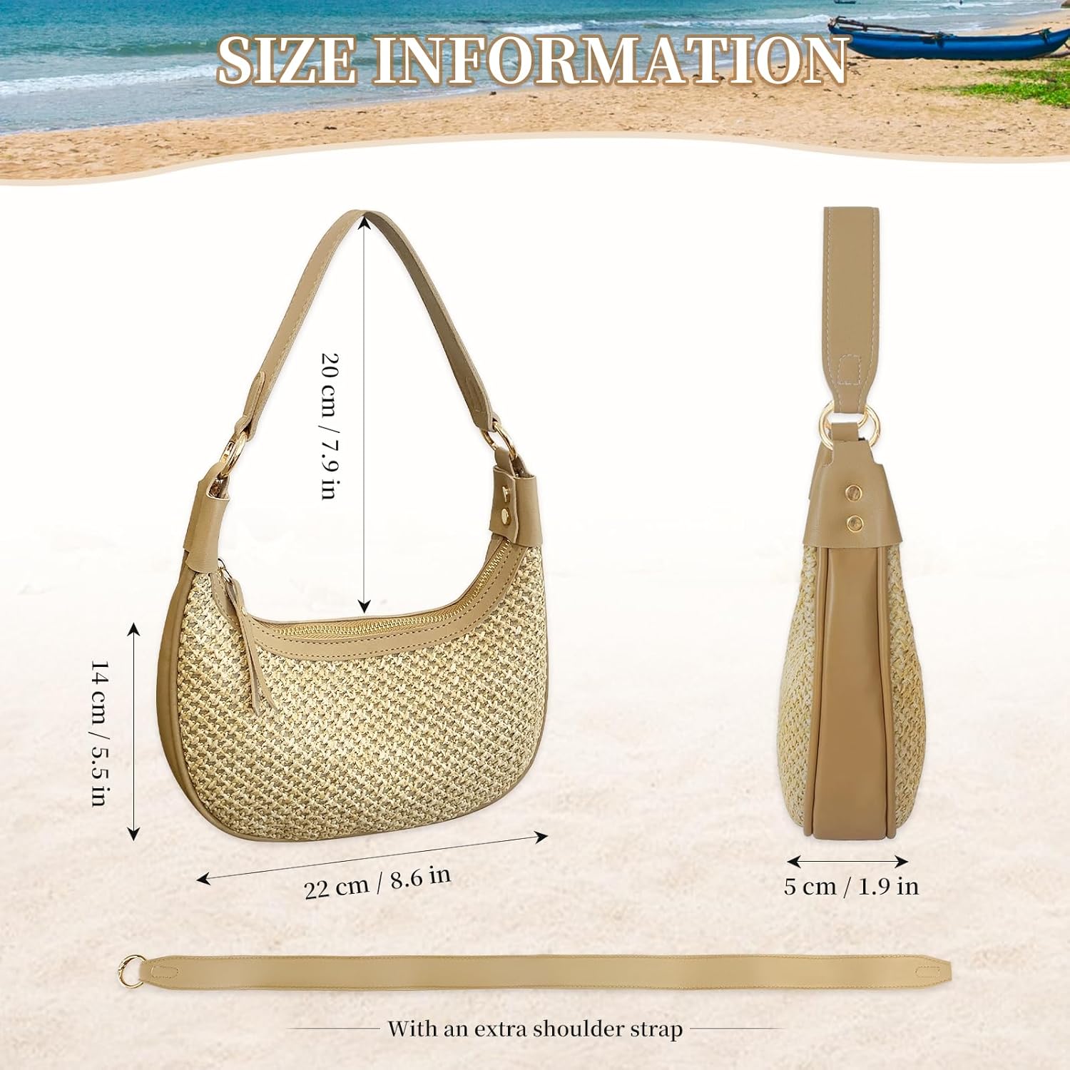 Crescent-Shaped Straw Beach Shoulder Bag for Women, Summer Woven Clutch Purse, Underarm Hobo Tote for Vacation