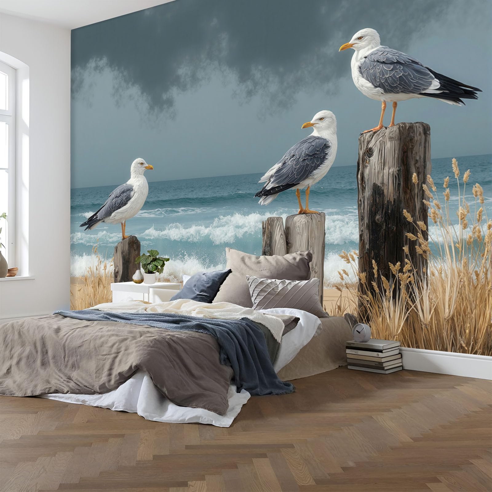 Papier peint panoramique intissé mouette océan gris de qualité premium