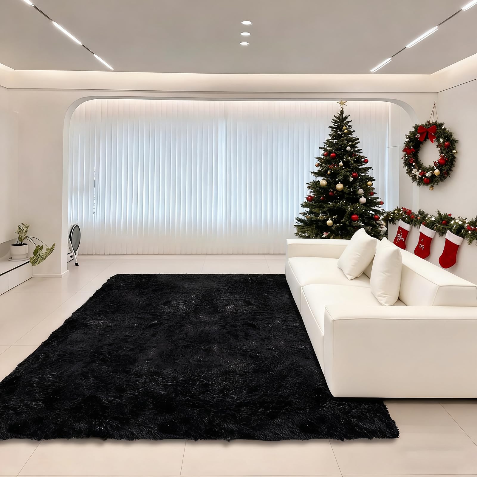 Tapis salon shaggy 200x280 cm noir avec dessous antidérapant pour chambre et maison
