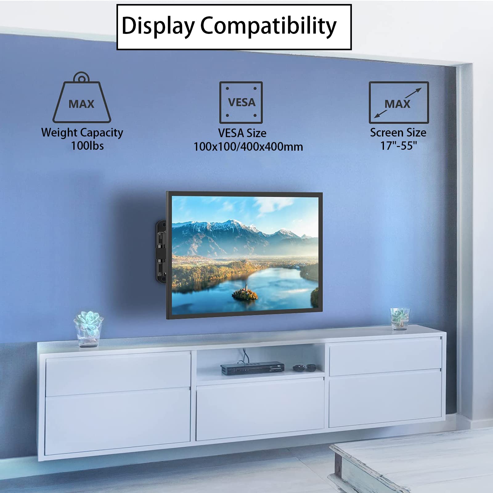 Support Mural TV, Support Mural TV pivotant et inclinable pour la Plupart des tvs ou moniteurs 17-55 Pouces avec VESA 400x400mm jusqu'à 45KG (17)