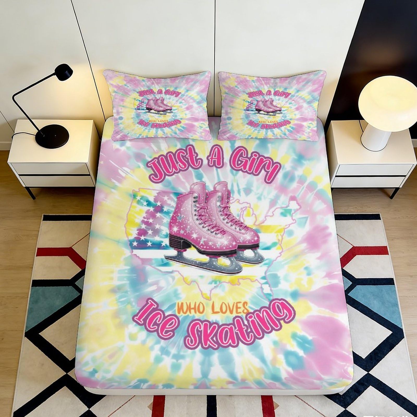 3D Printed Tie Dye Ice Skating Fitted Sheet Microfiber Anti-Slip Mattress Cover for Bedroom Dorm Machine Washable 140x200x25cm