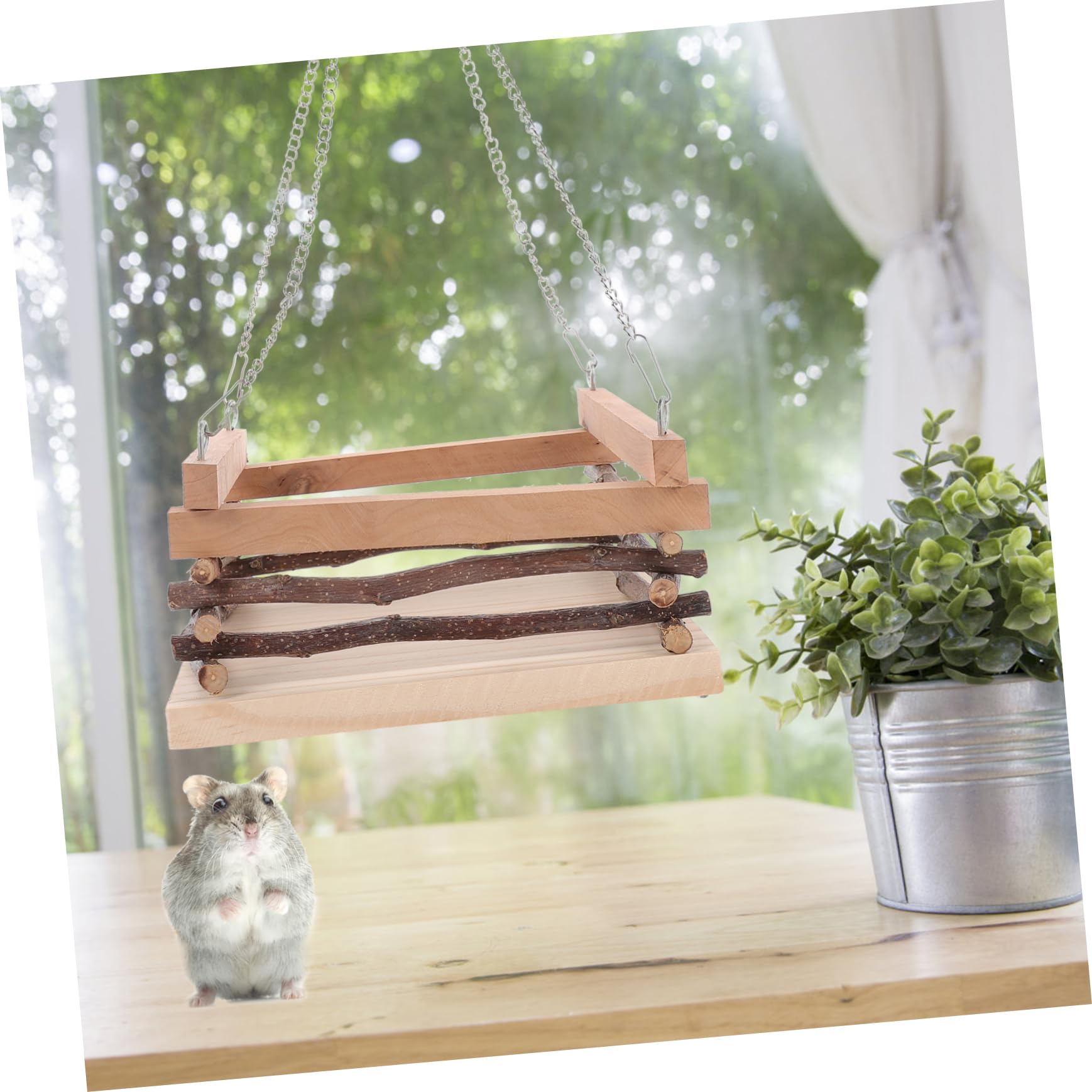 Holz Haustierhängematte Braun mit Vier Hängenden Ketten für Hamster