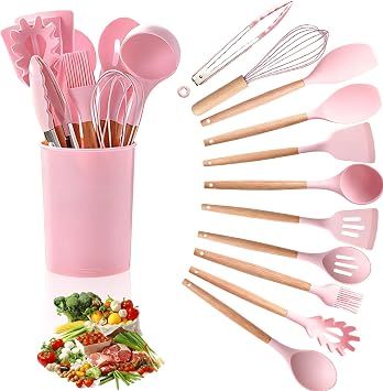 Kitchen Utensil Set with Holder - 12PCS Silicone Cooking Utensils Set with Wooden Handle BPA Free Food Grade Kitchen Tools Turner Spatula Spoon for Non Stick Cookware Heat Resistant & Easy Clean, Pink