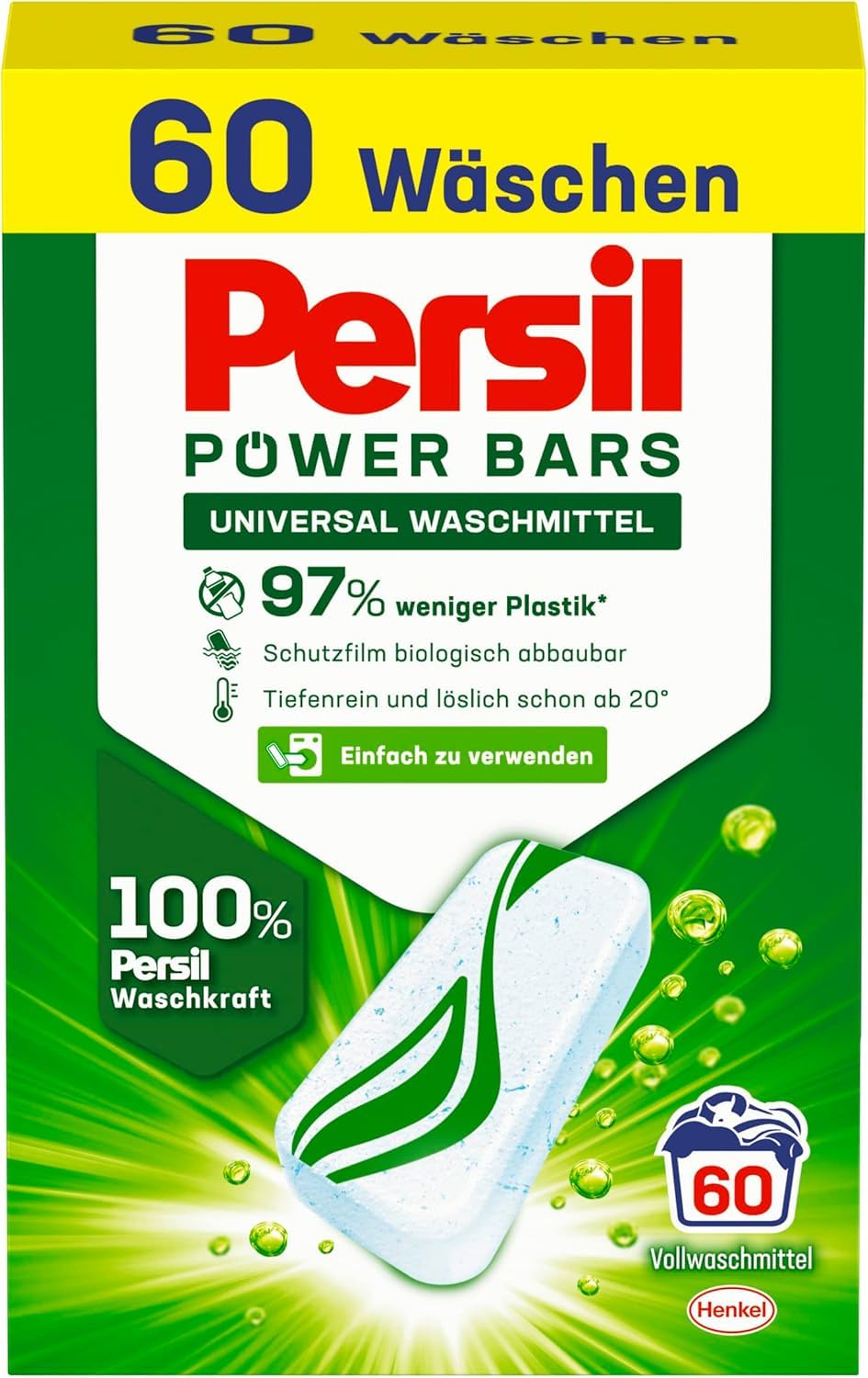 Persil Power Bars Universal Waschmittel 180 Waschladungen, vordosiertes Vollwaschmittel in nachhaltiger Verpackung, für hygienisch reine Wäsche bereits ab 20° C