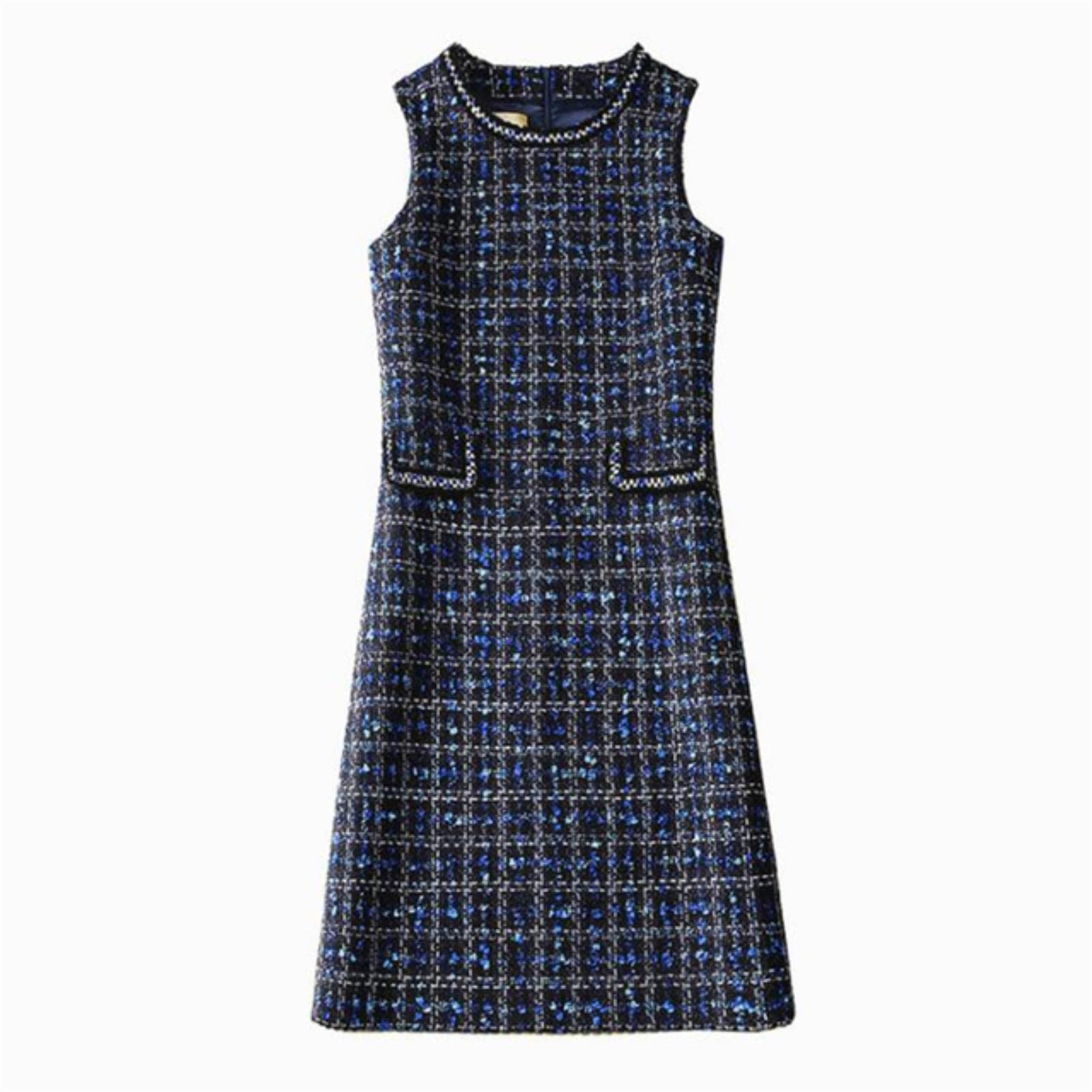 VOIV Spring Women Tweed Dresses Sleeveless O-Neck Plaid Classic Elegant Winter Dress Slim Long Woolen Robe