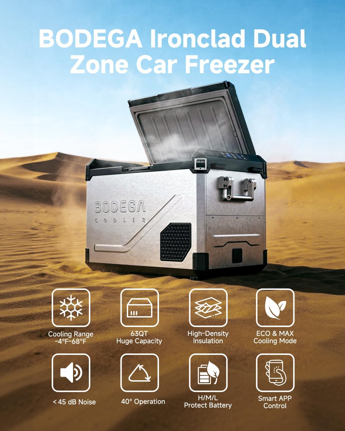BODEGA COOLER Portable 12V Car Refrigerator, 63QT Stainless Steel Fridge with Removable Divider for Dual Zone MAX/ECO Modes & Battery Protection, Electric Cooler for RV, Truck, Camping