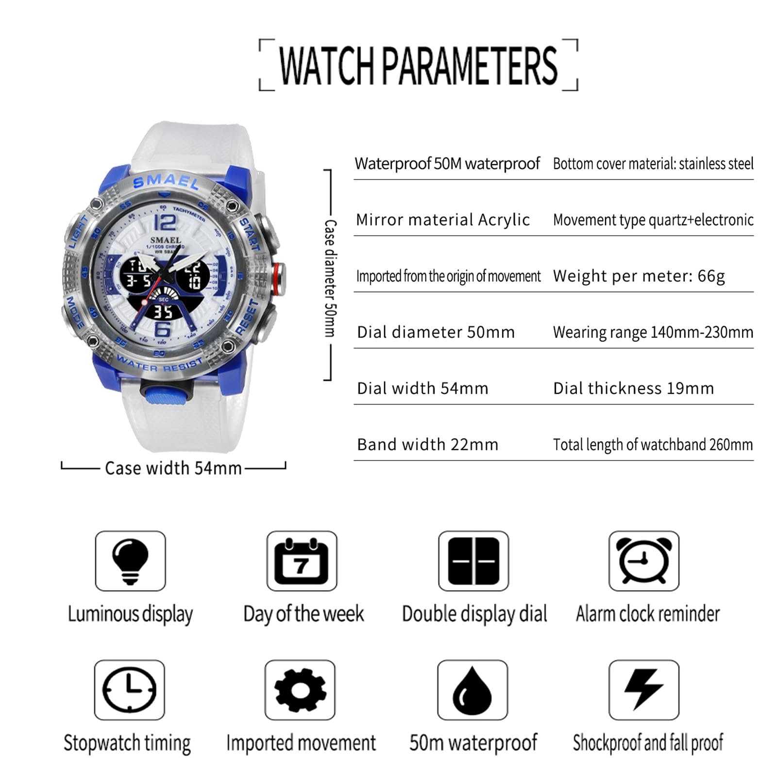 MASTOP Orologio da uomo con quadrante grande, 5 atm, per sport all'aria aperta, militare, digitale, trasparente, multifunzione, resistente all'acqua, retroilluminato, sveglia, cronometro, orologio da