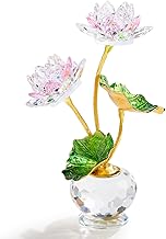 Kertari 水晶 ハス 造花 インテリア 置物 開運 K9 クリスタル ガラス 蓮の花 金属のハスの葉 風水グッズ 枯れない花 母の日 誕生日 退職祝い 送別会 プレゼント 女性 母親 人気 - ピンク