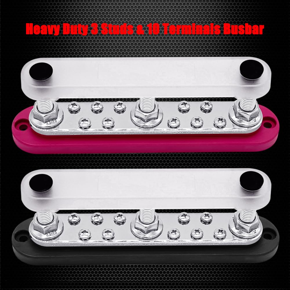 Ampper Power Distribution Block Bus Bar 12V, 3 x M10 (3/8") Studs & 10 x M4 (#8) Terminal Screws, 7" HD 300A Marine BusBar Battery Distribution Block W/Cover (Red & Black)