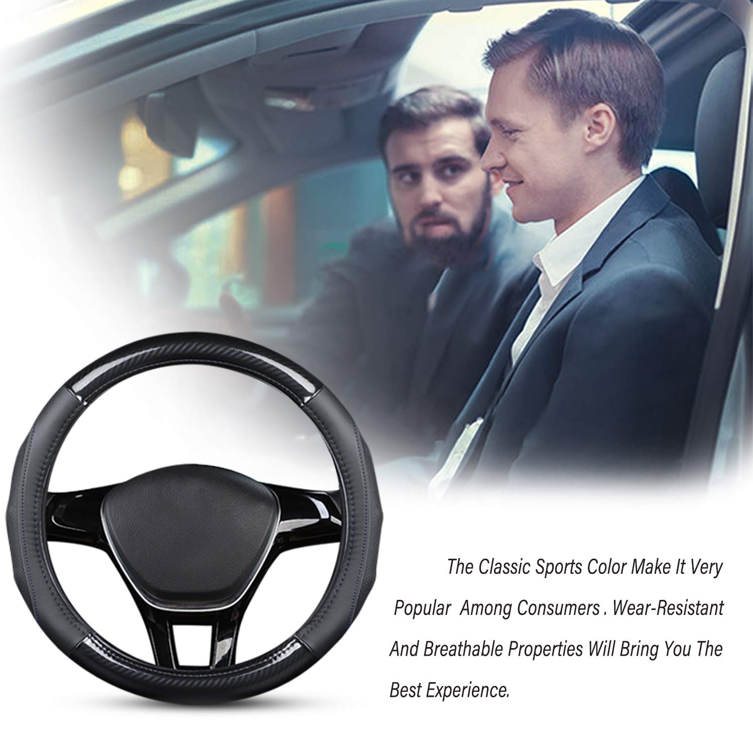 Ergocar Couvre Volant de Voiture Fibre de Carbone & Peau de Vache de Première Couche Sport Volant Protecteur Antidérapant pour Diamètre 38cm(15 ") (Noir Bleu)