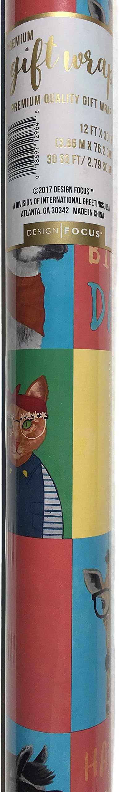 Design Focus Continuous Premium Gift Wrap Roll, Hipster Animals (Cat-Giraffe-Llama)