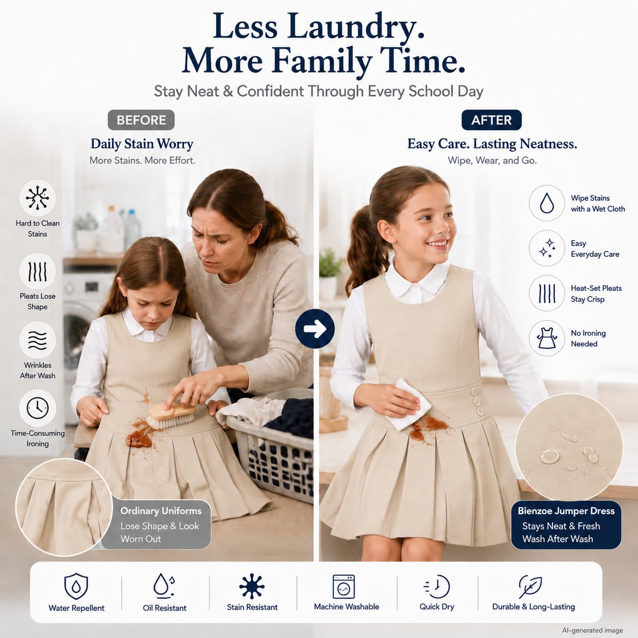 Bienzoe Jersey de uniforme escolar para niñas: vestido elástico plisado duradero para niños hasta la rodilla sin mangas