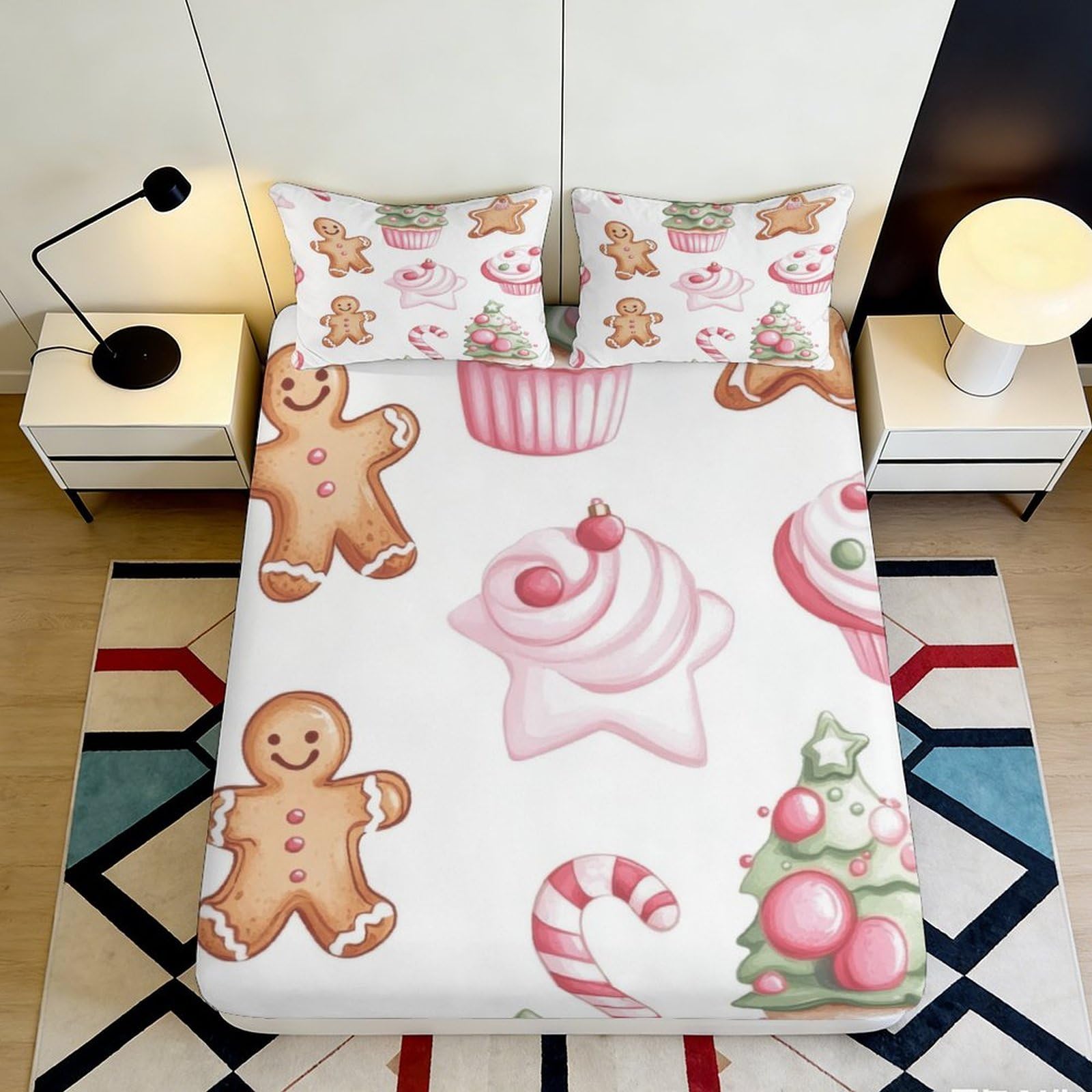 3D Printed Gingerbread Candy Fitted Sheet Microfiber Soft Washable Christmas Cupcake Bed Cover for Bedroom Guest Room Decor 90x200x25cm