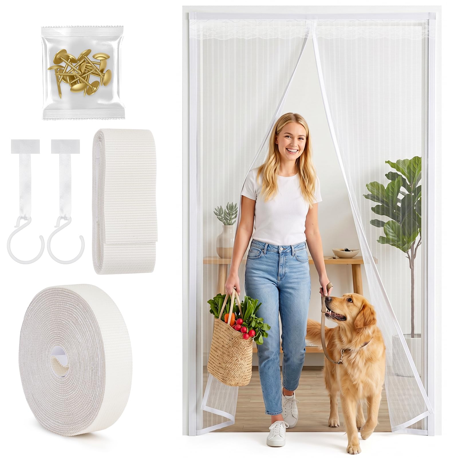 AUAUY Magnetic Fly Screen Door, White Striped 90x210cm
