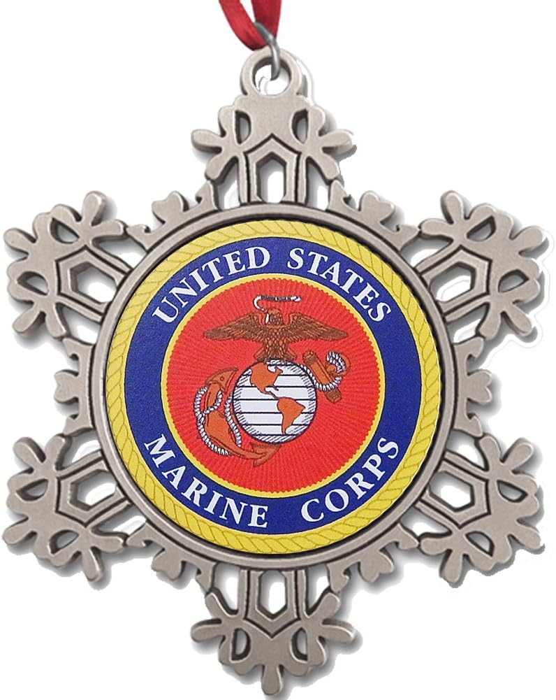 US Marine Corps Pewter Snowflake Ornament with Color Printed Insert Made in USA