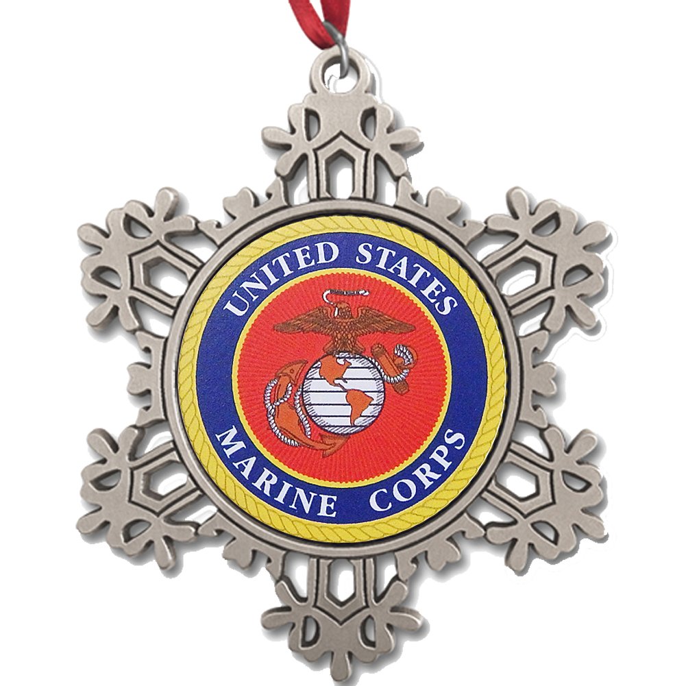 US Marine Corps Pewter Snowflake Ornament with Color Printed Insert Made in USA
