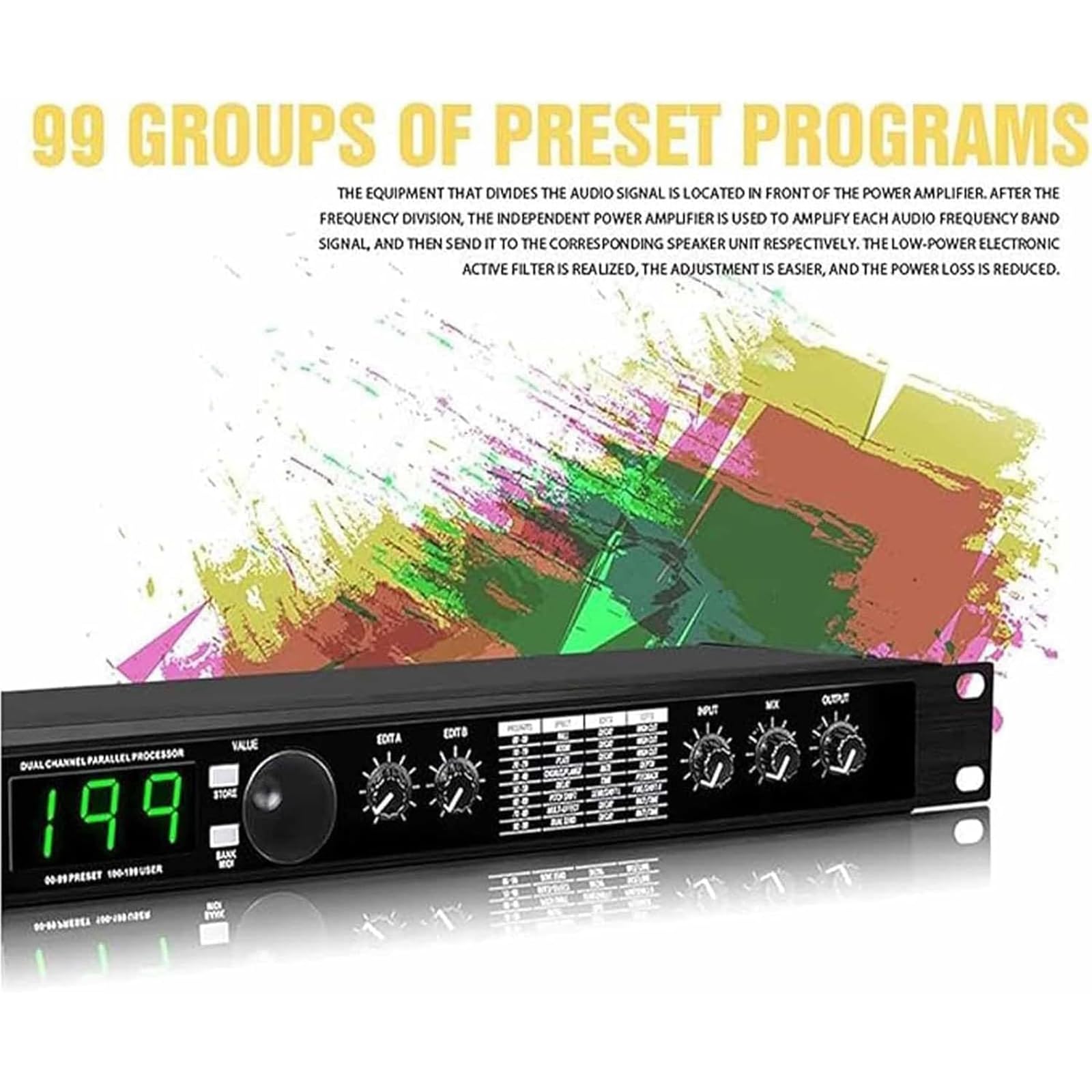 Procesador De Audio Profesional, Ecualizador Gráfico, Procesamiento De Señal Programable De 24 bits, 99 Programas Preestablecidos, Memoria para 199 Efectos De Sonido, Reverberación Digital