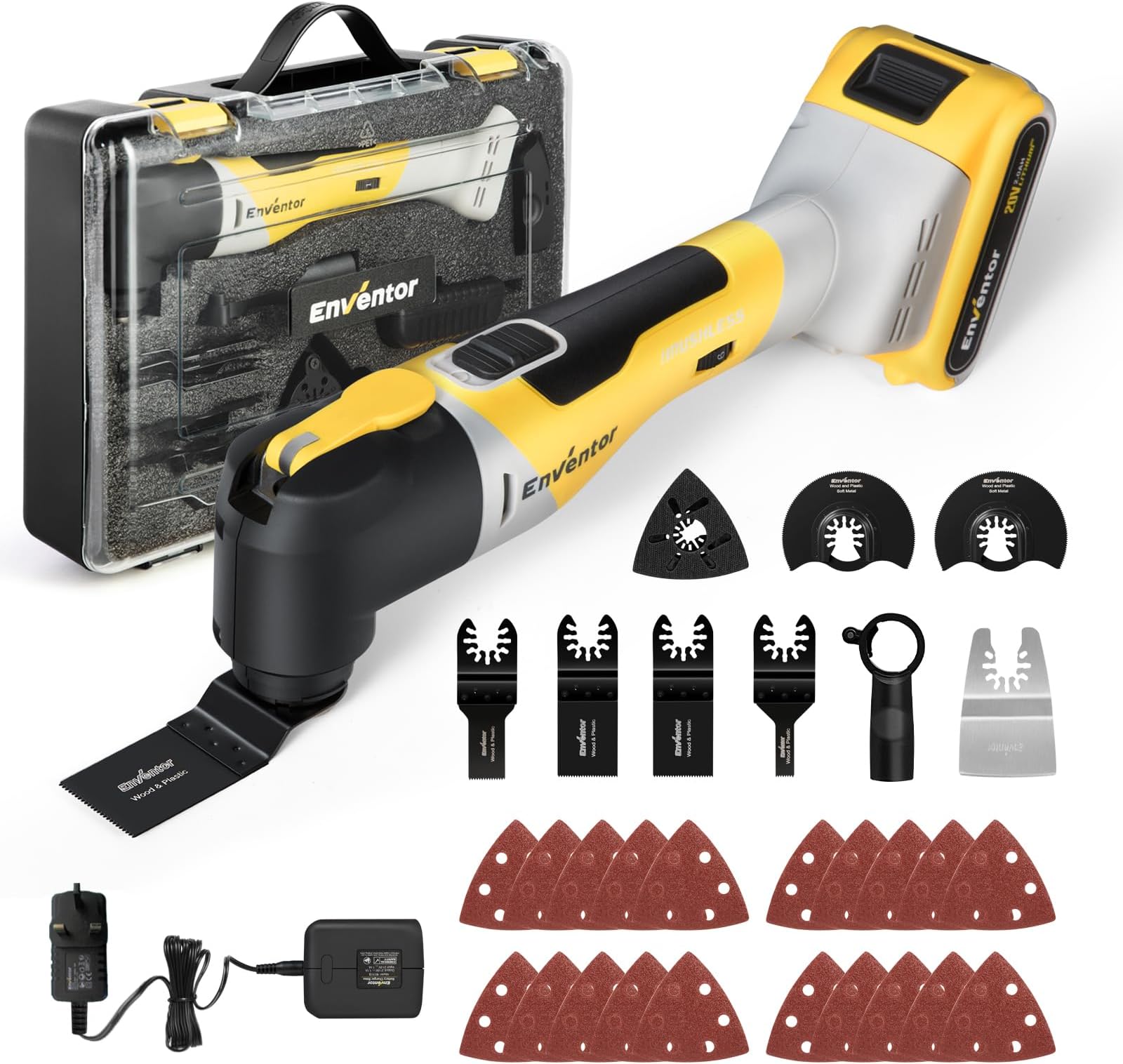 Enventor Brushless Oscillating Multi-Tool, 20V Cordless Oscillating Multi Tools with 2.0Ah Battery, 12000-19500RPM, 6 Variable Speeds, 4ยฐOscillation Angle, Blade Quick-Change, 28Pcs Accessories 98606