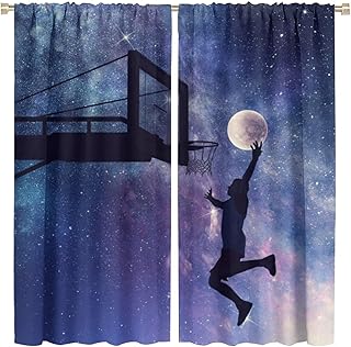 Basketball Curtains Sports Theme Starry Sky Design Polyester Fabric Window Treatments for Kids Boys Teens Bedroom Living Room Child Window Drapes 2 Panels Set,Total Size 42
