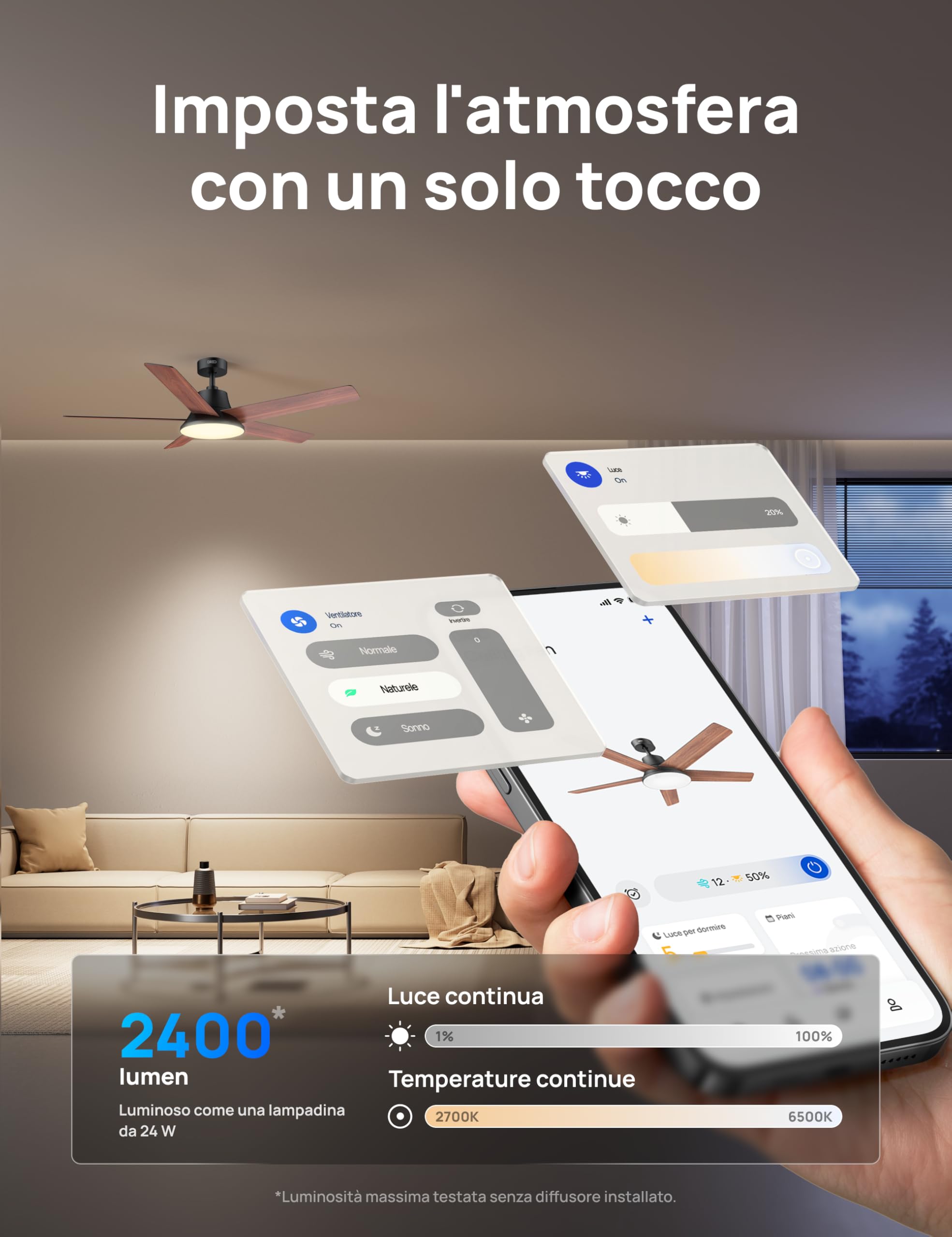 DREO Ventilatore a Soffitto Smart 132 cm, Luce LED con Tonalità Regolabili e Dimmerabile, 12 Velocità, 3 Modalità, Timer 12h, Motore DC Silenzioso, con Telecomando/APP/Alexa