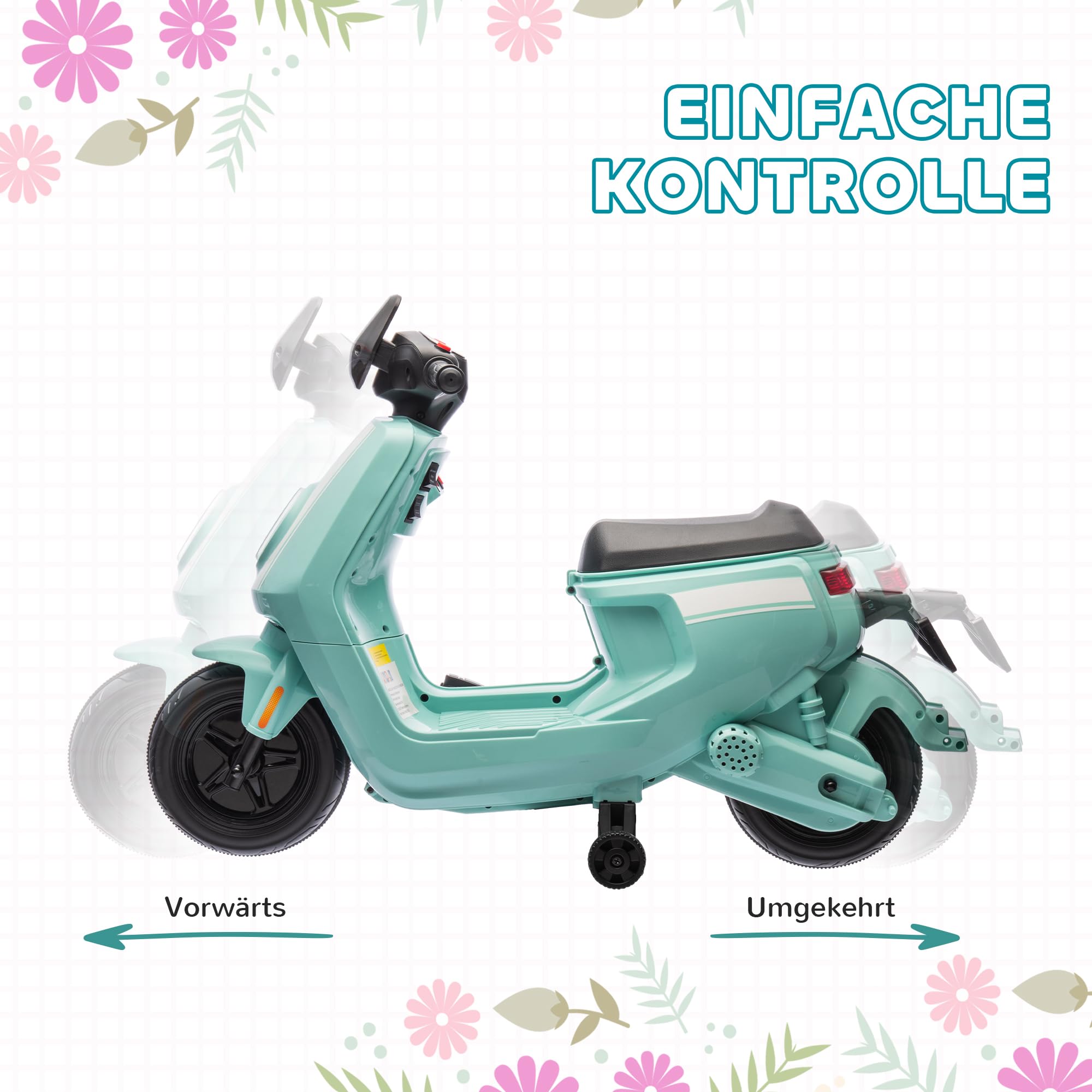 AIYAPLAY Kinder Elektro-Motorrad, 6V Kindermotorrad mit Scheinwerfer, Musik, Vor- und Rückwärtsgang, Trainingsräder, 1,5-3 km/h, Elektromotorrad für 1,5-3 Jahre Kinder, Grün