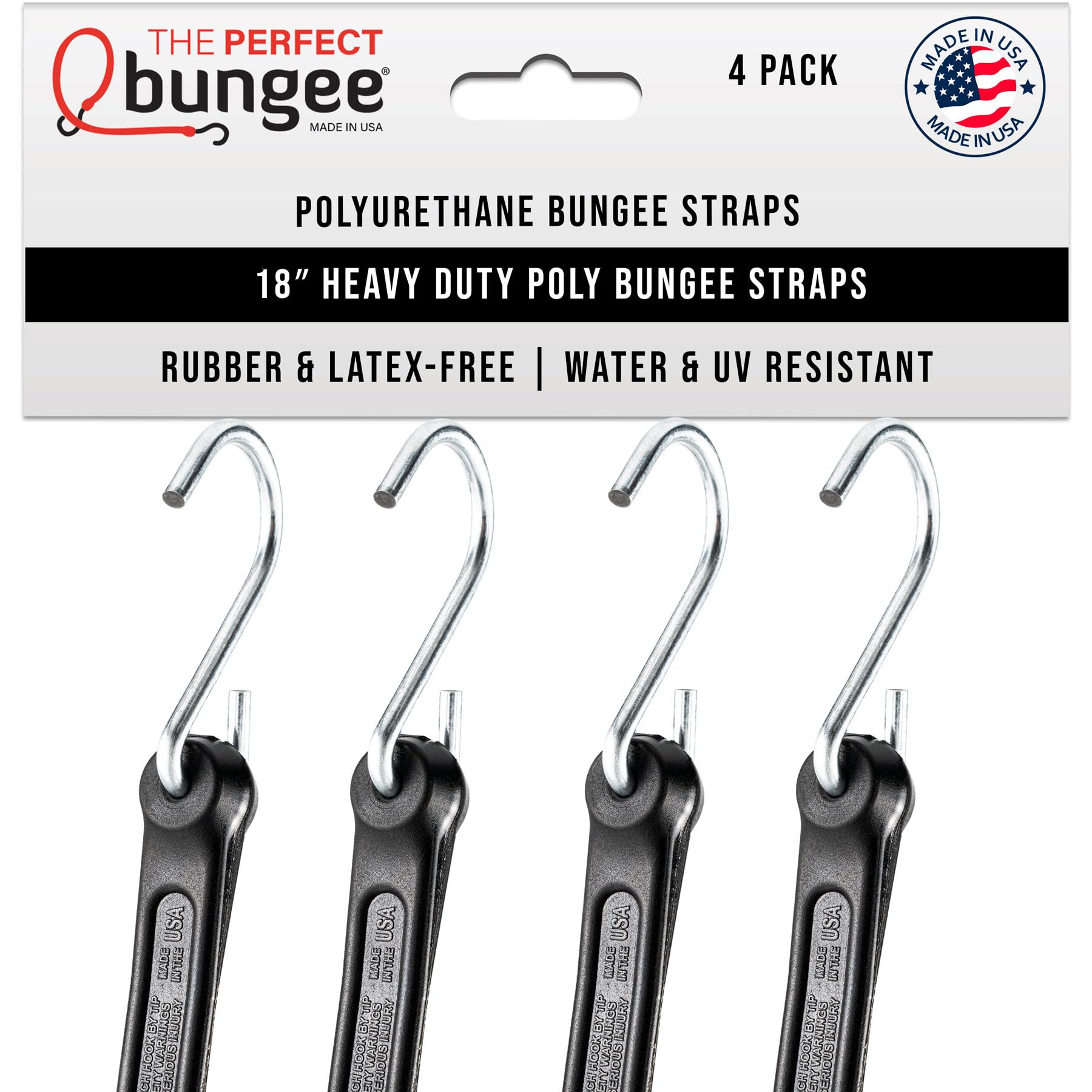 The Perfect Bungee® Correa elástica de poliuretano resistente de 18 pulgadas, paquete de 4, color negro, duradera, flexible, resistente a la intemperie, de larga duración, fabricada en Estados Unidos,