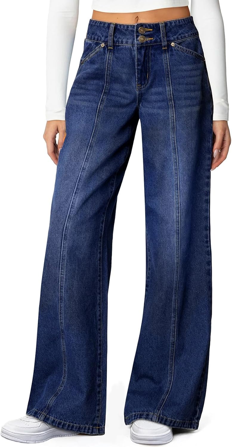 Sidefeel Women's Wide Leg Jeans High Waisted Stretchy Straight Leg Jeans Trendy Seamed Front Loose Denim Pants