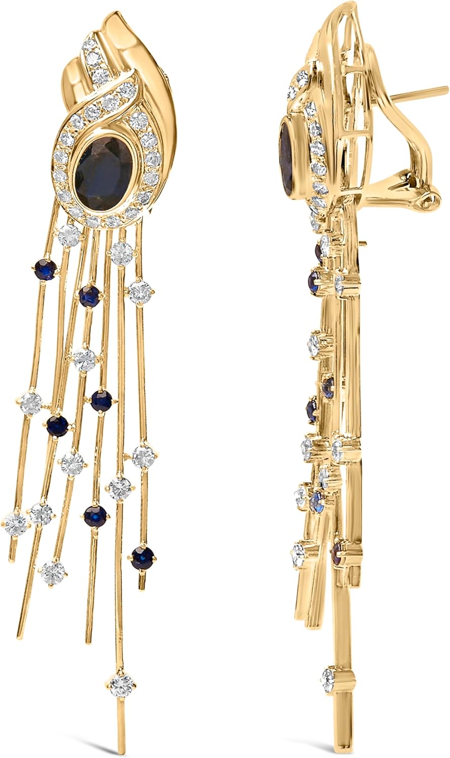 14K Yellow Gold 1.0 Cttw Diamond and Blue Sapphire Chandelier Earrings - Image 3
