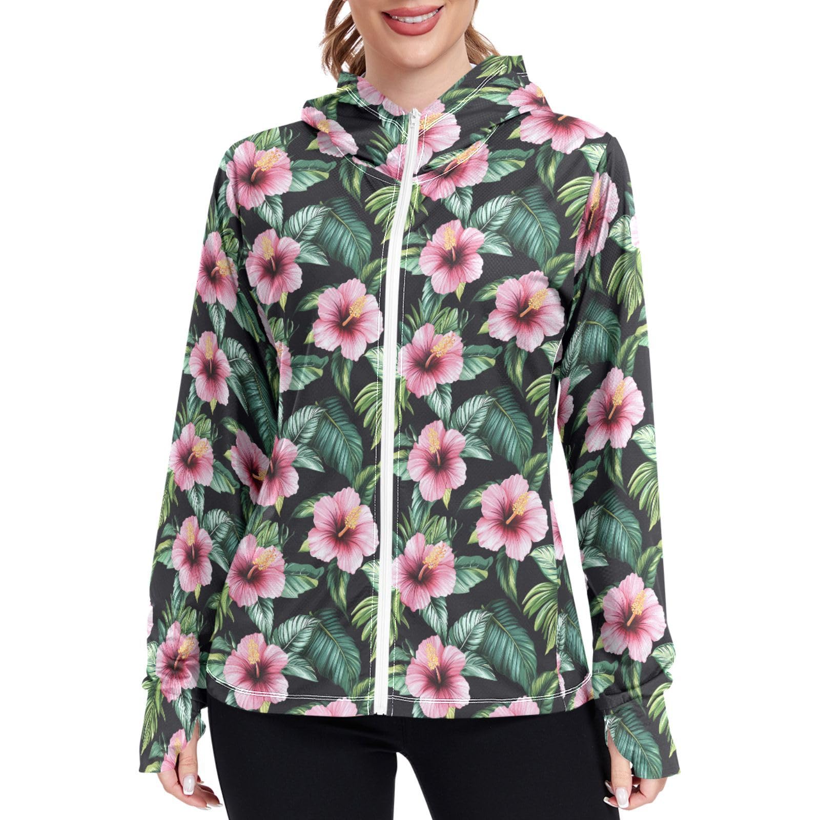 Tropical Hibiscus Flower Women Sun Protection Lightweight Hoodie Jacket Zip Up Jackets for Women UPF 50+ Clothing for Hiking Golf Running L