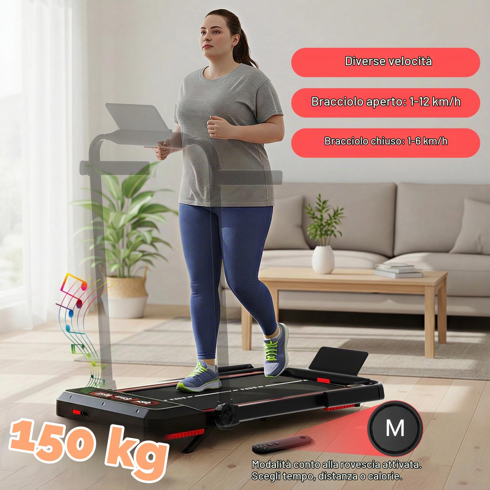 TODO Tapis Roulant Pieghevole con 10% Inclinazione manuale, 3.5HP Tapis Roulant per Casa Ufficio da 1-12 km/h, Elettrico Walking Pad & Treadmill con Diffusore Bluetooth, 12 Programmi, APP e Display